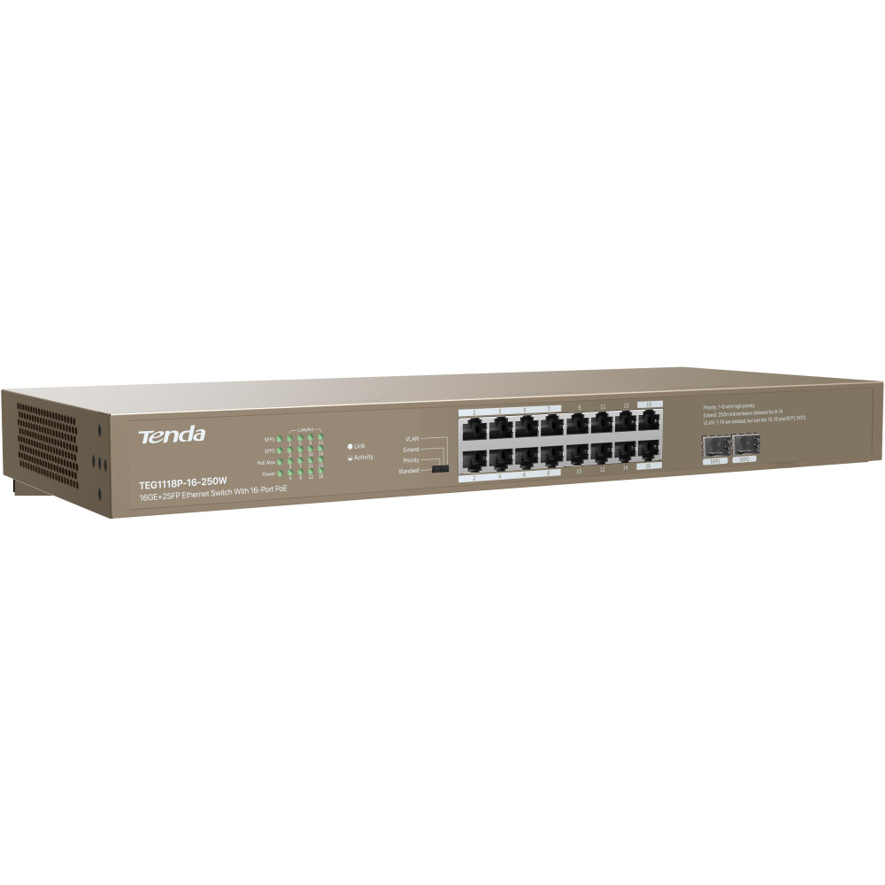 Switch Tenda 16-Porte PoE 16GE+2SFP - 250W Switch Tenda 16-Porte PoE 16GE+2SFP - 250W