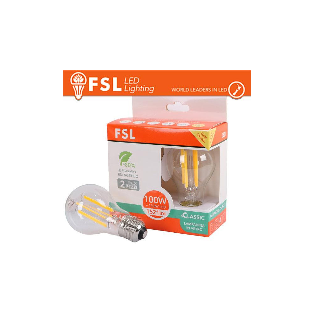 Lampada Filamento Sfera A60FC 10.8W 3000K E27 - Confezione 2PACK