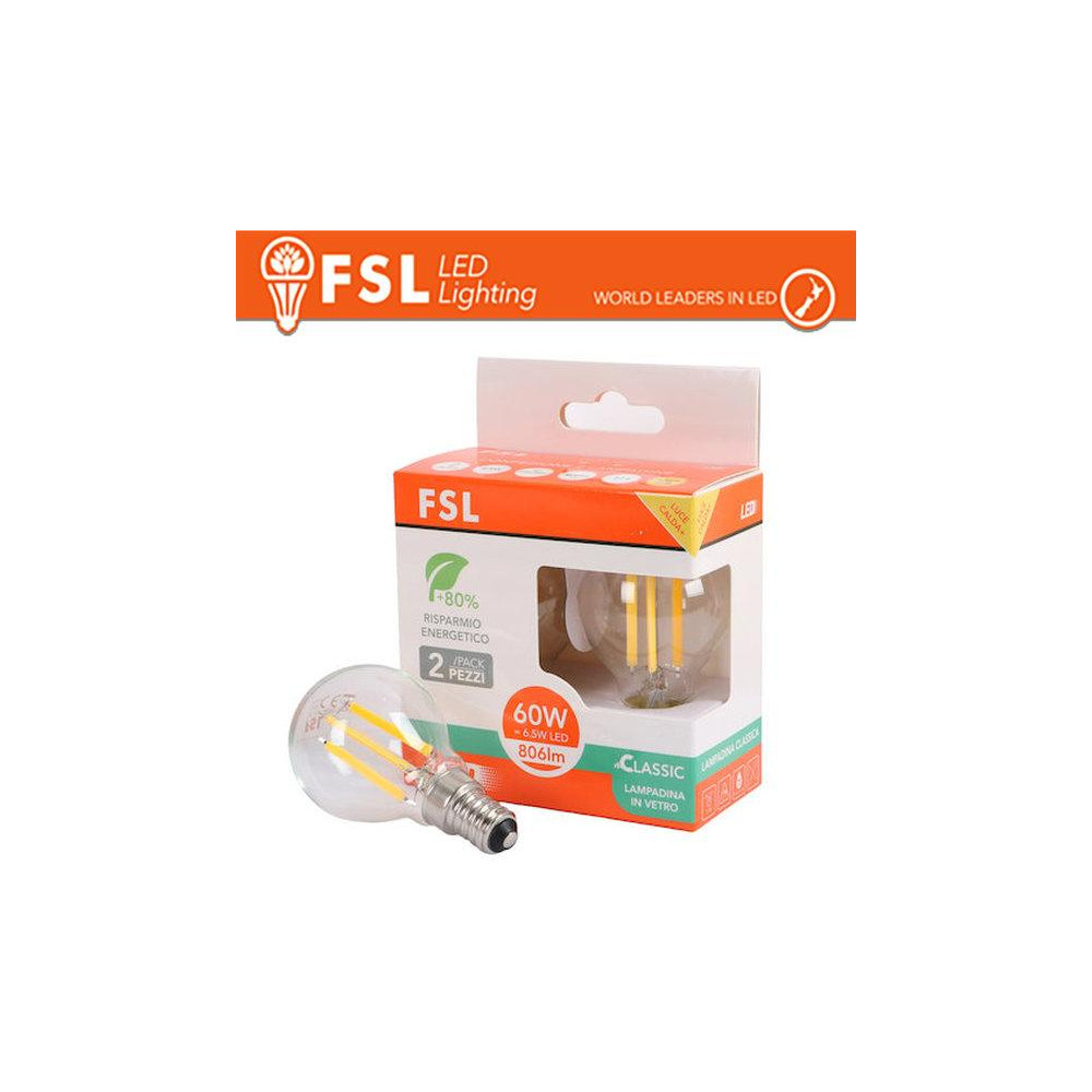Lampada Filamento Sfera G45FC 6.5W 3000K E14 - Confezione 2PACK