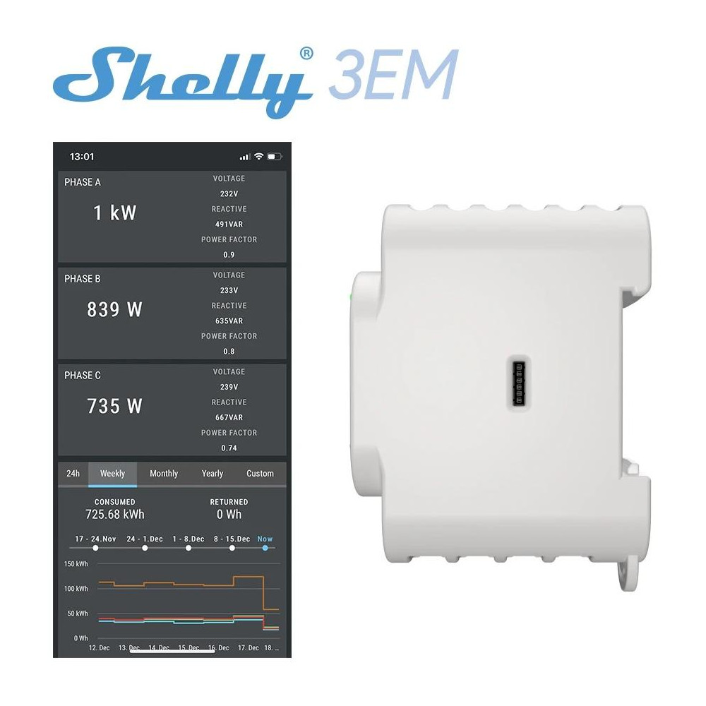 Shelly 3EM - Contatore energia Wi-Fi + 3 pinze amperometriche da 120A Shelly 3EM - Contatore energia Wi-Fi + 3 pinze amperometriche da 120A