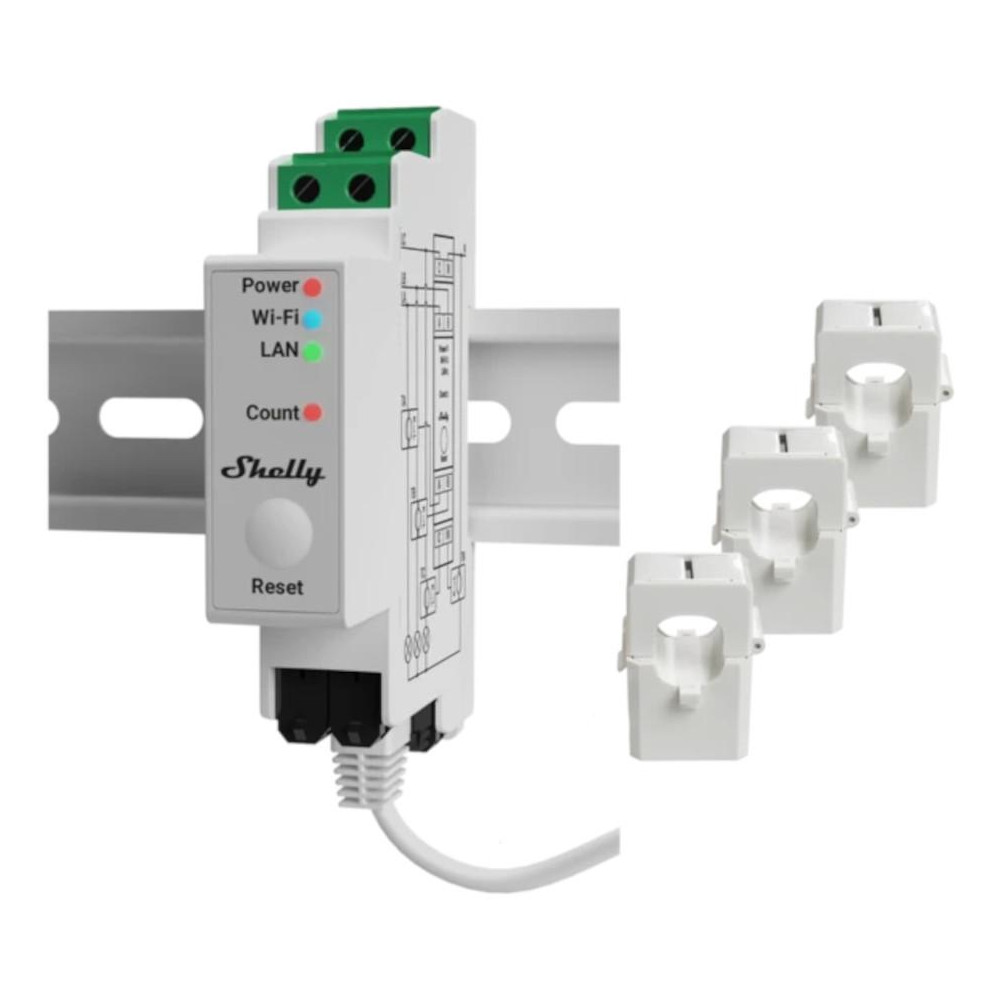 Shelly Pro 3EM 120A - Contatore energia DIN + 3 pinze120A Shelly Pro 3EM 120A - Contatore energia DIN + 3 pinze120A
