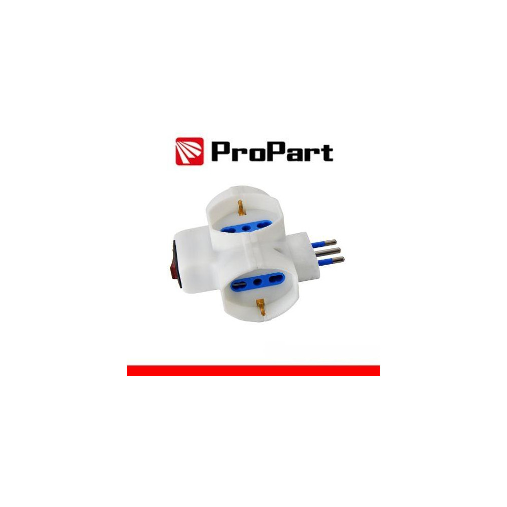 Adattatore 3 prese 2P+T 10/16A bipasso/Schuko con interrutt. Spina 10A Adattatore 3 prese 2P+T 10/16A bipasso/Schuko con interrutt. Spina 10A