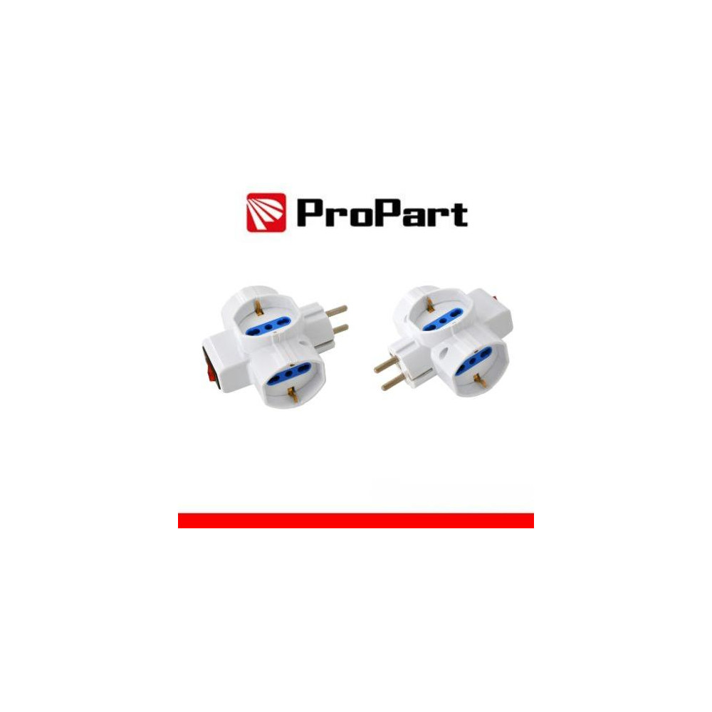 Adattatore 3 prese 2P+T 10/16A bipasso/Schuko con interrutt. Spina Schuko Adattatore 3 prese 2P+T 10/16A bipasso/Schuko con interrutt. Spina Schuko